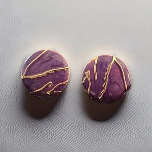Retro Handcrafted Purple and Gold Round Stud Earrings 1”